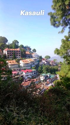 the town is surrounded by trees and houses on top of hill with text overlay that reads kasauli