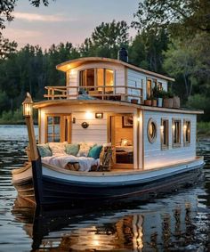 a house boat floating on top of a body of water at night with lights on