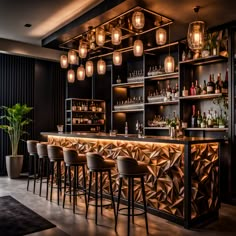 a dimly lit bar with several stools and lights hanging from the ceiling above it