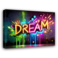 the word dream written in neon lights on a black background canvas wall art print, ready to hang