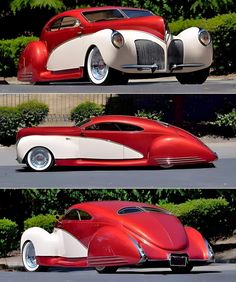 two pictures of an old fashioned car in different stages of being painted red and white