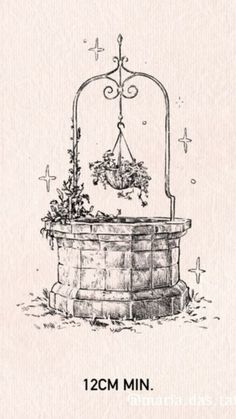 a drawing of a water well with plants growing out of it and hanging from the top