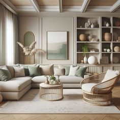 a living room filled with lots of furniture next to a wall mounted book shelf and window