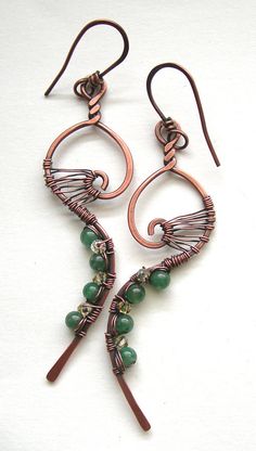 the earrings are made with copper wire and green beads