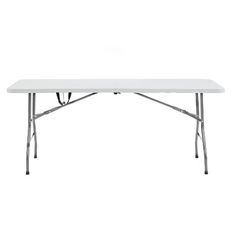 a white table with two legs and a long rectangular top on an isolated surface, viewed from the front