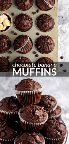 chocolate banana muffins stacked on top of each other