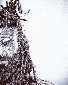 a drawing of a man with dreadlocks on his head and beard, staring at the camera