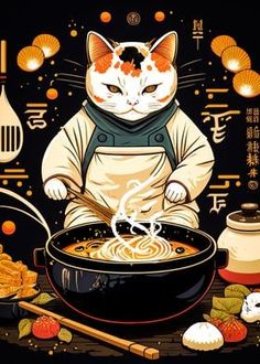 a cat that is cooking some food in a pot