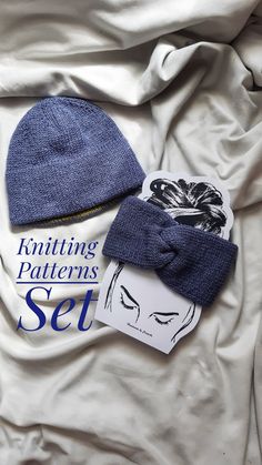 a hat and scarf laying on top of a white sheet with the words knitting patterns set next to it