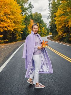 Jessica Wang, Lavender Outfit, Womens Fall Coats, Summer Coat, Purple Outfits, Cropped Flare Jeans, Fall Coat, Cropped Flares