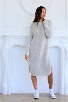 Oversized knit alpaca dress features open/round neckline, side splits, thumb holes and relaxed fit . Ultralight but extra warm. Made of 78% Peruvian Alpaca/ Merino wool blend. Soft and itch free ! Peruvian Alpaca is well known for its high quality : * Unlike many kinds of wool, Peruvian Alpaca has no prickle-factor so does not feel itchy when it comes in touch with skin because of its smooth texture. *It is very fine and lustrous fiber that is softer than cashmere or angora and much lightweight Peruvian Alpaca, Wool Knitted Dress, Sweater Dress Oversized, Mommy Makeover, Sweater Dress Outfit, Legging Outfits, Alpaca Sweater, Knit Alpaca, Sweater Dresses