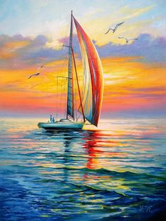 a painting of a sailboat in the ocean at sunset