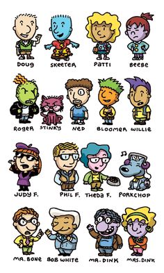 an image of cartoon characters with different names and expressions on them, all in various colors