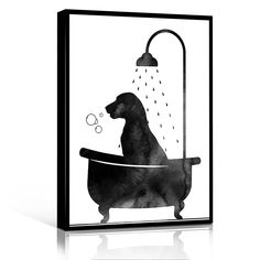 a black and white photo of a dog in a bathtub with bubbles coming out of it