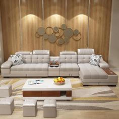 a modern living room with white leather furniture