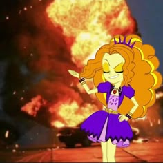 a cartoon character standing in front of a large fire with her hands on her hips