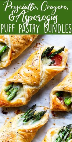 asparagus and cheese puff pastry bundles on a baking sheet with text overlay