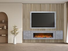 a living room with a fireplace and television mounted on the wall