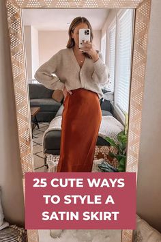 Fall Outfits With Satin Skirt, Cute Outfits With Midi Skirts, Mid Silk Skirt Outfit, Ribbed Sweater Skirt Outfit, Long Green Silk Skirt Outfit, Silky Skirt Outfit Winter, Silk Skirt Sweater Boots Outfit, Silver Pleated Skirt Outfit Winter, Satin Dress To Skirt