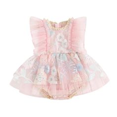 Your baby girl will feel like a garden fairy in this lovely romper dress that is perfect for summer. Boasting beautiful floral embroideries in two charming colors. Give your little one a magical and whimsical look for any occasion. Flower Party Dress, Summer Outfit Accessories, Birthday Romper, Girl Embroidery, Floral Ruffle Dress, Mommy And Me Dresses, Newborn Boy Clothes, Birthday Special, Colour Ways