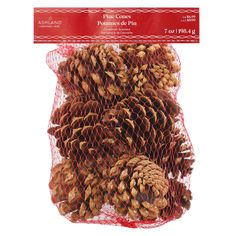 a bag filled with lots of pine cones