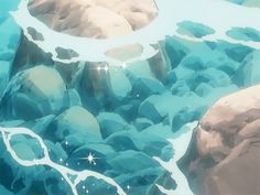 an animated image of rocks and water in the middle of a river with stars above them