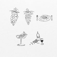 a drawing of grapes and wine on a table