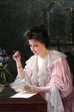 a painting of a woman sitting at a desk writing on a piece of paper and holding a pen