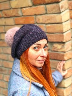 Knitted french beret with pompon Presents For Wife, Sunset Colors