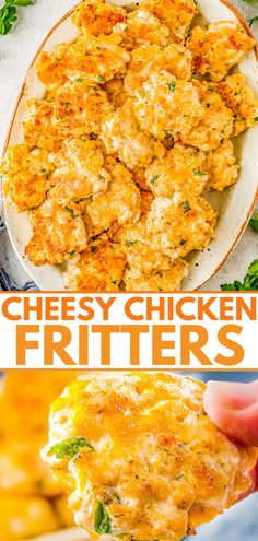 cheesy chicken fritters on a white plate with the title above it