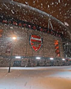 snow falling on the ground outside an arena