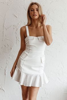 Shop the Riverside Ruffle Hem Mini Dress White | Selfie Leslie Tan Mules, Selfie Leslie, Brunch Date, Mini Dress White, Weekend Brunch, Clothing Tags, Iron Material, Hello Gorgeous, White Mini Dress