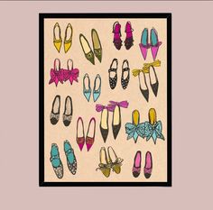 there are many different types of shoes in this picture and one is pink, yellow, blue, green, black