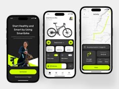 three smartphones displaying the smart health and smart biking app, with an image of a man on a bike