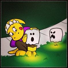 an image of two cartoon characters in the grass with ghost faces on their heads and hands