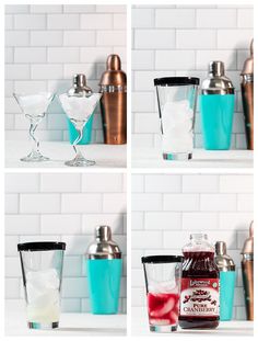 four shots in different stages of making cocktails