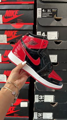 Jordan 1s Patent Bred, Red And Black Shoes Sneakers, Bred Patent 1s Outfit, Patent Red Jordan 1, Red Jordan Aesthetic, Black And Red Jordan 1s Outfit, Jordan 1 Patent Bred Outfit, Bred 1s Outfit