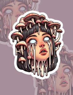 a sticker with an image of a woman's face covered in mushrooms