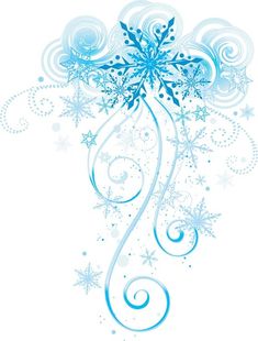 snowflakes and swirls on a white background with blue stars in the center