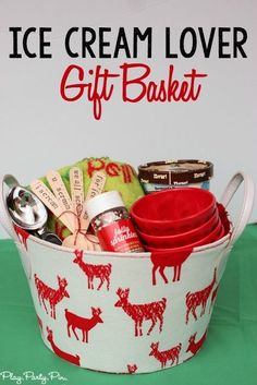 a red and white deer pattern fabric basket with spoons, measuring cups, and other kitchen utensils