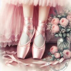 a painting of a ballerina's feet in ballet shoes next to a bouquet of roses