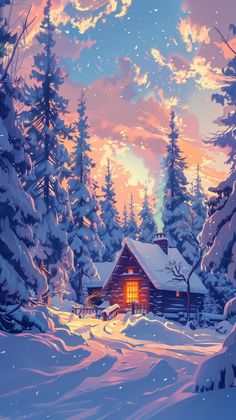 a painting of a cabin in the woods at night with snow on the ground and trees