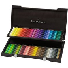 faber castel colored pencils in a black box with the lid open and two different colors