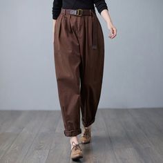 ★★ FEATURESCotton PantsNo liningElastic waistFront hidden zipper +button closureTwo side seam pockets Wide leg pantsPerfect for Spring, Autumn and winterWash only in cold water and do not expose to direct sunlight.★★ The model's height approx 165 cm (5′ 5″) with the 84 cm (33") bust, 66 cm (26") waist. She is wearing in the size XS.★★ Please select custom order according to the follow situationYour height is not between 155 cm- 172 cmYour weight is over 75 kg★★ Get your size in Size Chart with y Baggy Brown Pants For Fall, Loosely Fitted Brown Harem Pants For Fall, Brown Harem Pants For Fall, Baggy Brown Pants For Winter, Baggy Brown Ankle Pants, Brown Baggy Pants For Winter, Trendy Baggy Brown Pants, High-waist Cotton Harem Pants In Brown, High Waist Brown Cotton Harem Pants