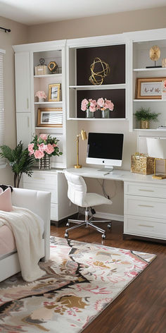 guest bedroom home office combo with white desk chair flowers home decor rug lamp bed Craft/guest Room Ideas, Small Office With Sofa, Built In Desk Bedroom, Home Office Sitting Room Combo, Office And Guest Room Combo Small Spaces, Office Area In Bedroom, Small Office Bedroom Combo, Home Office And Guest Room Combo, Modern Chic Office