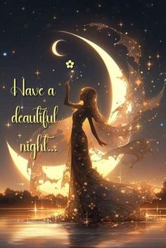 a woman is standing on the moon with her hand up in the air, saying have a beautiful night