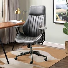 an office chair sitting on top of a rug in front of a desk with a potted plant