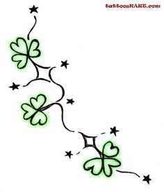 four leaf clovers flying in the air with stars on it's tail and green ink