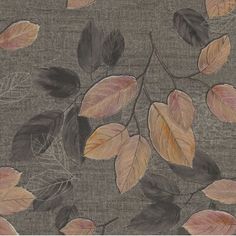 an artistic drawing of leaves on a gray background with brown and orange colors, in the middle