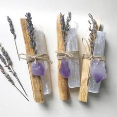 three lavender sticks tied with twine and soap